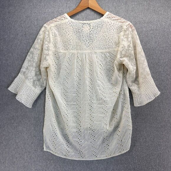 Pepin Size Small V-Neck Eyelet Blouse Cotton Silk Blend Ivory Cream Anthro FLAWS - Picture 5 of 13